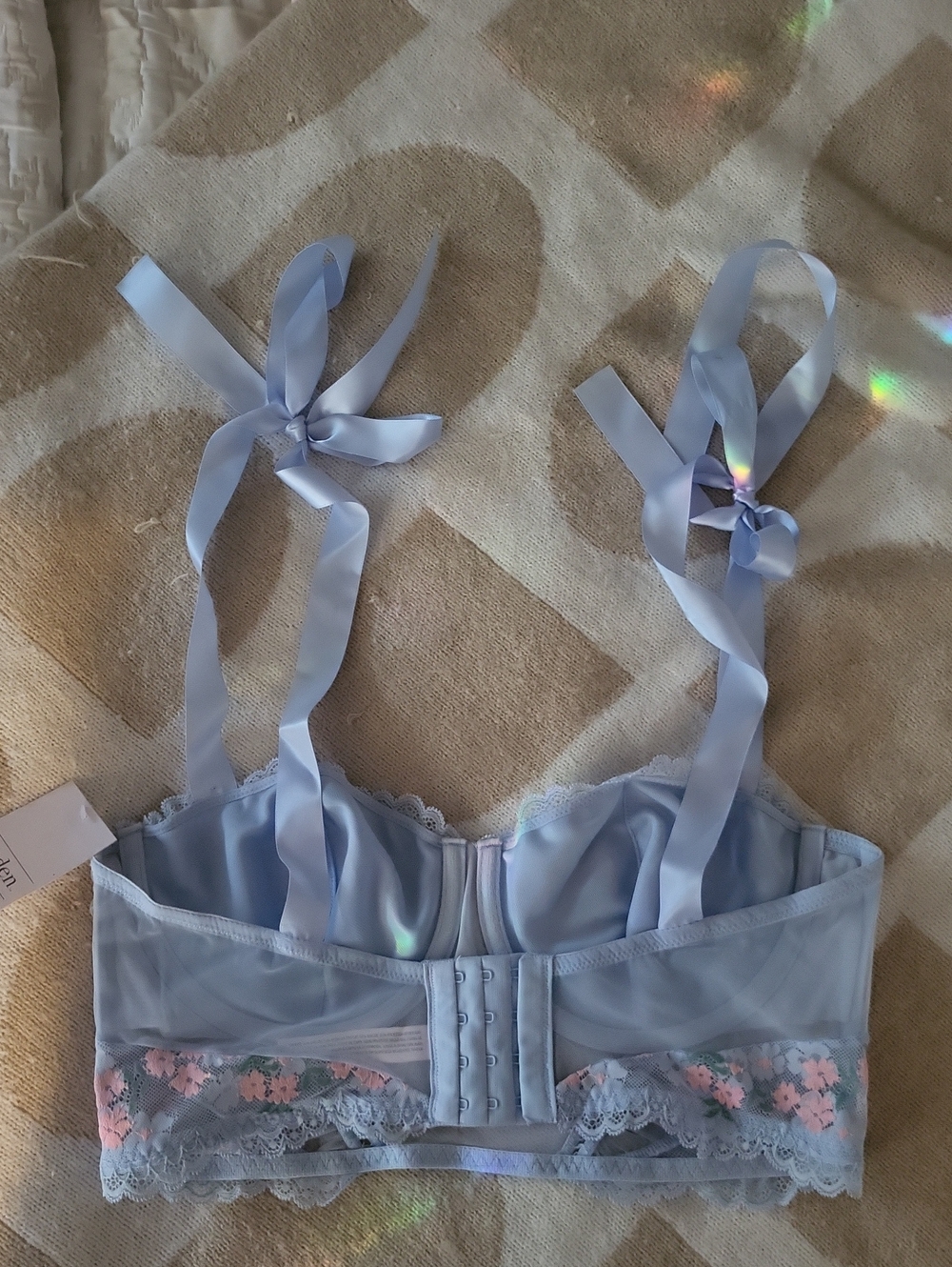 Auden Pale Blue Longline Floral Lace Bralette with Pink Embroidery - Picture 2 of 8